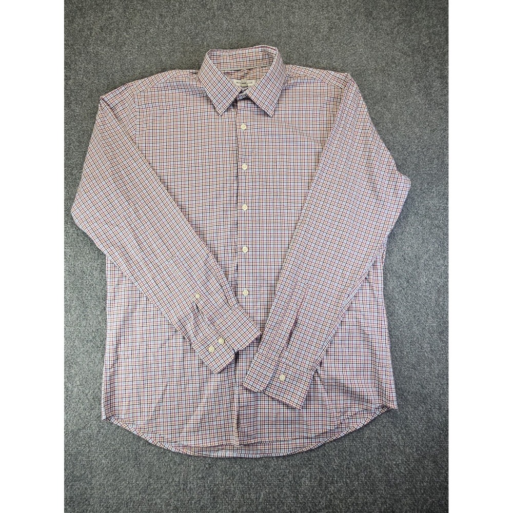 Peter Millar Mens Size Large Button Up Shirt White Brown Blue Purple Plaid 1796